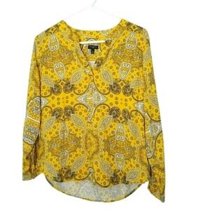 Talbots NWOT Petite Yellow Paisley Long Sleeve Blouse Top Peasant Loose Fit S